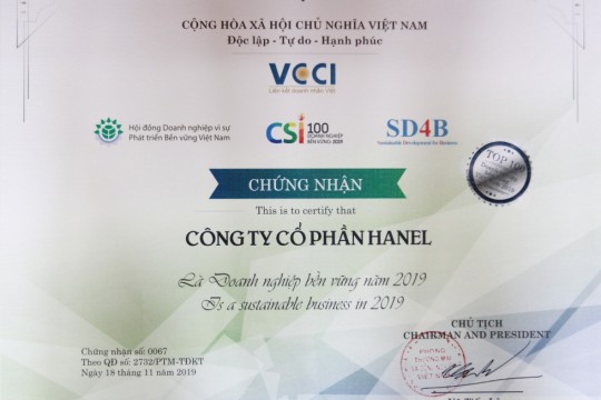 4 NĂM LIỀN HANEL ĐƯỢC BÌNH CHỌN  DOANH NGHIỆP VIỆT NAM PHÁT TRIỂN BỀN VỮNG