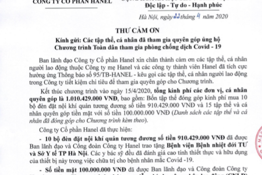 THƯ CẢM ƠN CỦA CÔNG TY CỔ PHẦN HANEL